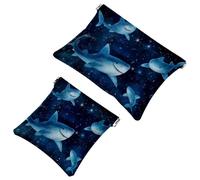 Anna Cowper 2Pcs Pocket Cosmetic Bag for Purses, Leather Small Makeup Bag Cosmetic Pouch, Portable No Zipper Makeup Pouch Coin Purse Jewelry Pouch, Star Sharks, Multicolor 1, Small and Large, Fashion
