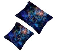 Anna Cowper 2Pcs Pocket Cosmetic Bag for Purses, Leather Small Makeup Bag Cosmetic Pouch, Portable No Zipper Makeup Pouch Coin Purse Jewelry Pouch, Galaxy Dream Catcher, Multicolor 1, Small and Large,