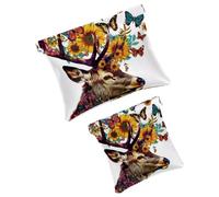 Anna Cowper 2Pcs Pocket Cosmetic Bag for Purses, Leather Small Makeup Bag Cosmetic Pouch, Portable No Zipper Makeup Pouch Coin Purse Jewelry Pouch, Deer Flower, Multicolor 18, Small and Large, Art