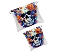 Anna Cowper 2Pcs Pocket Cosmetic Bag for Purses, Leather Small Makeup Bag Cosmetic Pouch, Portable No Zipper Makeup Pouch Coin Purse Jewelry Pouch, Galaxy Skull Floral, Multicolor 1, Small and Large,