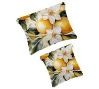 Anna Cowper 2Pcs Pocket Cosmetic Bag for Purses, Leather Small Makeup Bag Cosmetic Pouch, Portable No Zipper Makeup Pouch Coin Purse Jewelry Pouch, Lemon Flower, Multicolor 1, Small and Large, Art