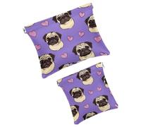 Anna Cowper 2Pcs Pocket Cosmetic Bag for Purses, Leather Small Makeup Bag Cosmetic Pouch, Portable No Zipper Makeup Pouch Coin Purse Jewelry Pouch, Pugs Dogs Hearts, Multicolor 1, Small and Large, Art