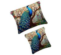 Anna Cowper 2Pcs Pocket Cosmetic Bag for Purses, Leather Small Makeup Bag Cosmetic Pouch, Portable No Zipper Makeup Pouch Coin Purse Jewelry Pouch, Peacock Flower, Multicolor 1, Small and Large, Art