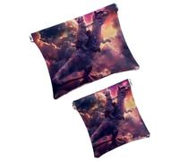 Anna Cowper 2Pcs Pocket Cosmetic Bag for Purses, Leather Small Makeup Bag Cosmetic Pouch, Portable No Zipper Makeup Pouch Coin Purse Jewelry Pouch, Cool Galaxy Cat, Multicolor 17, Small and Large, Art