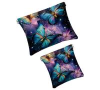 Anna Cowper 2Pcs Pocket Cosmetic Bag for Purses, Leather Small Makeup Bag Cosmetic Pouch, Portable No Zipper Makeup Pouch Coin Purse Jewelry Pouch, Galaxy Butterfly, Multicolor 5, Small and Large, Art