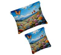 Anna Cowper 2Pcs Pocket Cosmetic Bag for Purses, Leather Small Makeup Bag Cosmetic Pouch, Portable No Zipper Makeup Pouch Coin Purse Jewelry Pouch, Floral Music Notes, Multicolor 7, Small and Large,