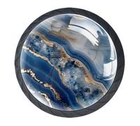 Anna Cowper 4 Pack Black Drawer Knobs, Blue Marble Agate Brass Cabinet Knobs Round Glass Knobs for Kitchen Cabinet Hardware Bathroom 35MM
