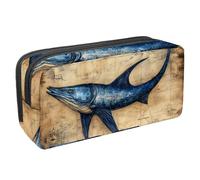 Anna Cowper Pencil Case Large Capacity Pencil Pouch Multifunctional Pen Bag Office Stationery Organizer Portable Makeup Bag for Teenage Adult Women Men, Blue Swordfish Vintage
