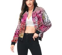 Anna-Kaci Women Silver Sequin Jacket Long Sleeve Classic Party Coats Shiny Metallic Zip-Up Bomber Jacket, Confetti, X-Large