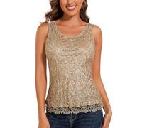 Anna-Kaci Womens Casual Formal Embroidered Lace Sequin Sleeveless Shirt Tank Top, Gold, Small