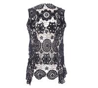 Anna-Kaci Womens Floral Crochet Lace Trim Sleeveless Open Front Vest Cardigan, Black, Large
