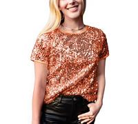 Anna-Kaci Women's Glitter Sequin Tops Short Sleeve Sparkly Shirt Blouse Orange