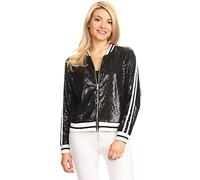 Anna-Kaci Womens Long Sleeve Front Zip Track Stripe Sequin Bomber Jacket