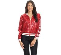 Anna-Kaci Womens Long Sleeve Front Zip Track Stripe Sequin Bomber Jacket