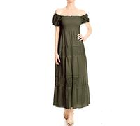 Anna-Kaci Womens Off Shoulder Boho Lace Semi Sheer Smocked Maxi Long Dress, Olive Green, XX-Large