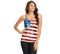 Anna-Kaci Womens Patriotic USA Flag American Sequin V Neck Cami Tank Top, Multicolored, Large