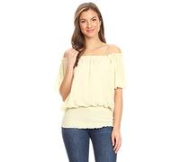 Anna-Kaci Womens Peasant Blouse Off Shoulder Ruffle Shirts Boho Short Sleeve Smocked Top, Yellow, Small