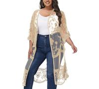 Anna-Kaci Women's Plus Size Lace Cardigan Embroidered Long Kimono Dusters with Half Sleeves, Tan, X-Large-XX-Large