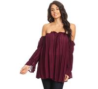 Anna-Kaci Womens Semi Sheer Boho Peasant Long Sleeve Off The Shoulder Top, Burgundy, XX-Large