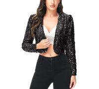 Anna-Kaci Womens Shiny Sequin Long Sleeve Cropped Blazer Bolero Shrug, Black, Medium