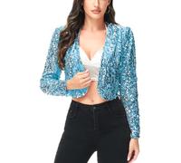 Anna-Kaci Womens Shiny Sequin Long Sleeve Glitter Cropped Blazer Bolero Shrug, Blue, Large