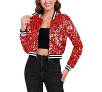 Anna-Kaci Women's Sparkly Sequin Cropped Jacket Long Sleeve Zipper Up Party Club Bomber Jacket, Red, Small