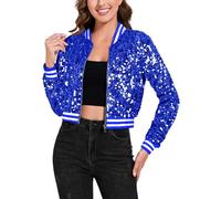 Anna-Kaci Women's Sparkly Sequin Cropped Jacket Long Sleeve Zipper Up Party Club Bomber Jacket, Royal Blue, Medium