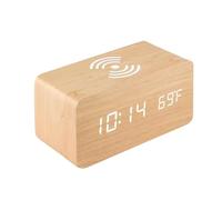 Annadue Digital Wooden Alarm Clock, Electronic LED Time Display, 10W Wireless Charging, 3 Alarm Settings Date&Temp Display for Bedroom (Yellow)
