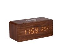 Annadue Digital Wooden Alarm Clock, Electronic LED Time Display, 10W Wireless Charging, 3 Alarm Settings Date&Temp Display for Bedroom (Brown)