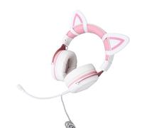Annadue Gaming Headset Wired, RGB Luminous PC Headphones with Noise Cancelling Mic, 50mm Drivers, Memory Foam Ear Cups, for Immersive Gaming Team Communication (White Pink with Cat Ears Decor)