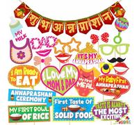 Annaprashan Photo Booth Party Props with Bunting Banner Hindi Font Shubh Annaprashan, Annaprashan Decoration Item - 23 pcs (Red & Golden Gliter)