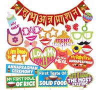Annaprashan Photo Booth Party Props with Bunting Banner Hindi Font Shubh Annaprashan, Annaprashan Decoration Item - 23 pcs (Dark Red & Golden)