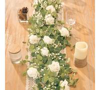 Anna's Whimsy 180 cm Artificial Eucalyptus Flower Garland, Fake Rose Gypsophila Wreaths, Flower Vines, Floral Garland Decoration for Wedding Party Home Craft Art Table Runner Decor, White