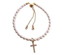 AnnChbpl Pearl Bracelet for Women, Adjustable Length, White Freshwater Cultured Pearls, Statement Bracelet with 14K Gold Plated Jewellery, Wedding, Birthday, Small, Yellow Gold, 14K Gold Plated