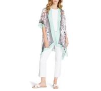 Anne Klein Women's Open Front Stripe Floral Poncho Cape Ruana, Midnite, One Size