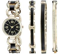 Anne Klein Women's AK/1982BKST Swarovski Crystal Accented Gold-Tone and Black Open Link Watch and Bracelet Set