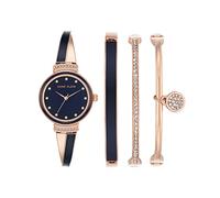 Anne Klein Women's Premium Crystal Accented Bangle Watch Set, Rose Gold/Navy Blue