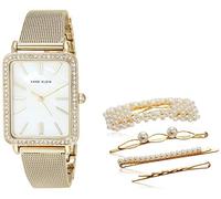 Anne Klein Women's Premium Crystal Accented Mesh Bracelet Watch and Barrette Set, AK/3642, Gold