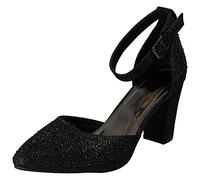 Anne Michelle Ladies Block Heel Glitter Court Shoes - Black Textile - UK Size 7 - EU Size 40 - US Size 9