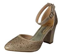 Anne Michelle Ladies Block Heel Glitter Court Shoes - Gold Textile - UK Size 7 - EU Size 40 - US Size 9