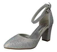 Anne Michelle Ladies Block Heel Glitter Court Shoes - Silver Textile - UK Size 5 - EU Size 38 - US Size 7