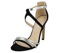 Anne Michelle Ladies High Heel Strappy Mule Sandals - Black/Silver Synthetic - UK Size 4 - EU Size 37 - US Size 6