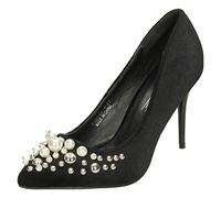 Anne Michelle Ladies Pearl Court Shoes - Black Velvet - UK Size 4 - EU Size 37 - US Size 6
