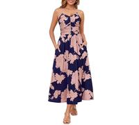Annebouti Women 2026 Summer Spring Ruched Maxi Dress Adjustable Spaghetti Strap Floral Beach Long Sundress with Pockets, Navy Pink, L