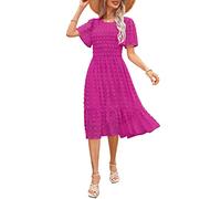 Annebouti Women's 2023 Summer Fall Wedding Guest Dresses Short Sleeve Flowy Swing Swiss Dot Smocked Homecoming Midi Dress, Solid Hot Pink, XL