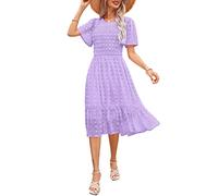 Annebouti Women's 2024 Summer Spring Wedding Guest Dresses Short Sleeve Casual Flowy Swiss Dot Smocked Midi Dress, Solid Lavender, XS