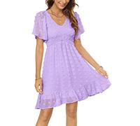 Annebouti Womens 2025 Spring Summer Mini Smocked Swiss Dot Dresses Short Sleeve Babydoll Casual Dress, Solid Lavender, L
