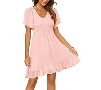 Annebouti Womens 2025 Spring Summer Mini Smocked Swiss Dot Dresses Short Sleeve Babydoll Casual Dress, Solid Pink, S