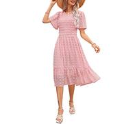 Annebouti Women's 2025 Summer Spring Wedding Guest Dresses Short Sleeve Casual Flowy Swiss Dot Smocked Midi Dress, Solid Pink, S