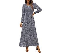 Annebouti Women's 2026 Spring Casual Long Sleeve Maxi Dress Boho Floral Smocked A-Line Modest Wedding Guest Long Dresses, Navy, M